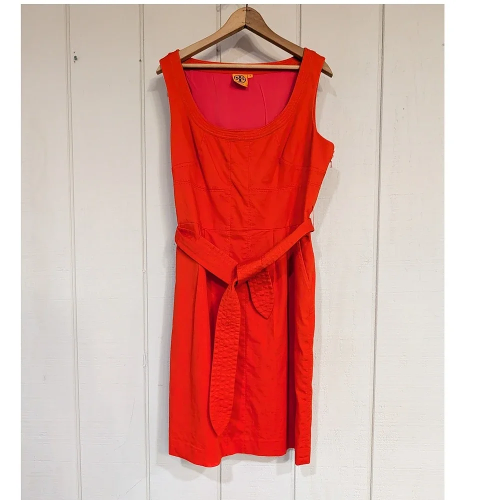 Tory Burch Orange‎ Red Cotton Belted Sheath Dress Square Neck Pockets